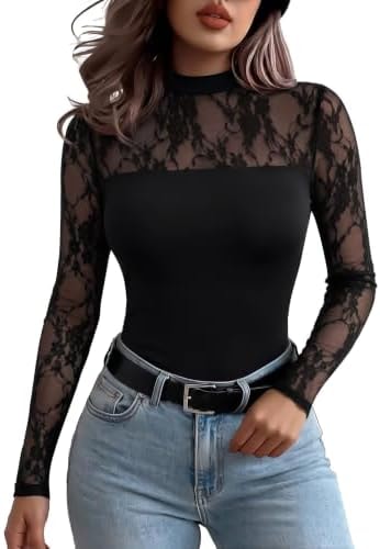 Zeagoo Black Top for Women Lace Sexy Crew Neck Long Sleeve Shirts Blouse