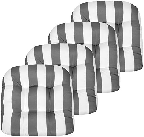 Sweet Home Collection Patio Cushions Outdoor Chair Pads Premium Comfortable Thick Fiber Fill Tufted 19" x 19" Seat Cover, 19" x 19" x 5", Havana Silver/White 4 Count