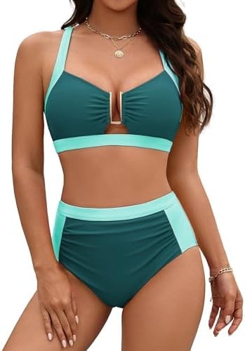 Womens 2 Piece Bikini Sets Modest Tummy Control Bathing Suits Cutout High Rise Swimsuits Vintage Swimwear (Blue Green, S)