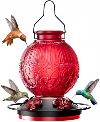 26Oz Hummingbird Feeder for Outdoors, Vintage Glass Bird Feeder with Perch, Durable & Easy to Clean, Hanging Nectar Feeder for Garden, Yard, Deck – Gift for Bird Lovers (Red)