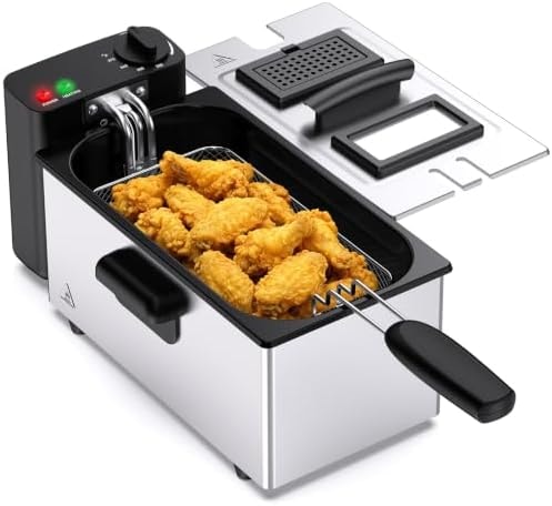 OLIXIS Deep Fryer for Home Use, Small Electric Fryer with 3 Liter Capacity, 1500W Power, 4 Adjustable Temp, Lid with Viewing Window for Fried Chicken, Shrimp, French Fries, Silver