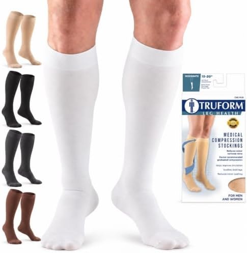 Truform 15-20 mmHg Compression Stockings, Men & Women, White, Large
