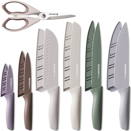Astercook Knife Set, 13 Pieces Kitchen Knives Set with Healthy Anti-Rust Coating, Dishwasher Safe, Stainless Steel Chef Knife Sets with 6 Blade Guards, Perfect Holiday Gifts for Kitchen Morandi