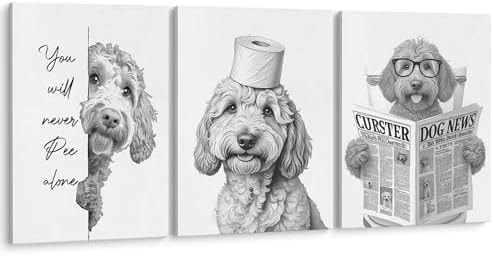 LUKIPOM Funny Golden Doodle Dog Bathroom Wall Art Canvas Prints Set of 3, Funny Goldendoodle Wall Art Posters for Washroom Restroom Decor, Dog Bathroom Decor, 11x14Inch Framed