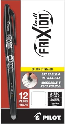 PILOT FriXion Ball Erasable & Refillable Gel Ink Stick Pens, Fine Point, Black Ink, 12-Pack (31550)
