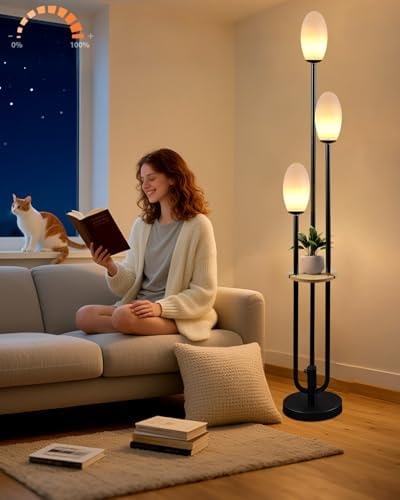 Lightdot LED Floor Lamp Dimmable Globe Floor Lamps with Shelf Mid Century Modern Black Standing Lamp Candle Holder Style Soft Eye-Caring for Bedroom Living Room/Bedroom/Sofa Beside/Corner Decor