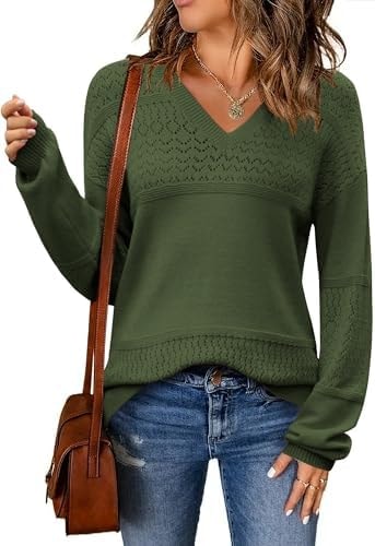 Zeagoo Womens 2025 Fall Sweaters Casual Long Sleeve Ribbed Knit Pullover V Neck Lightweight Crochet Pullover Sweater Top Army Green