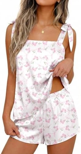 Ekouaer Silk Bridesmaid Pajamas Set Tank Top Satin Pjs Pink Bow Hydrangea S