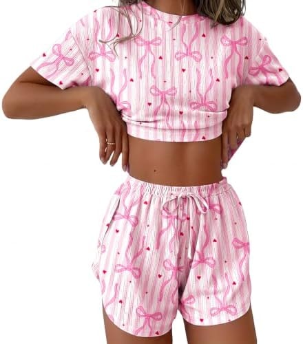 Ekouaer Womens Pointelle Pajama Sets 2 Piece Side Split Shorts Lounge Set