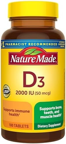 Nature Made Vitamin D3 2000 IU (50 mcg), Vitamin D Supplement for Bone, Teeth, Muscle and Immune Health Support, 100 Tablets, 100 Day Supply