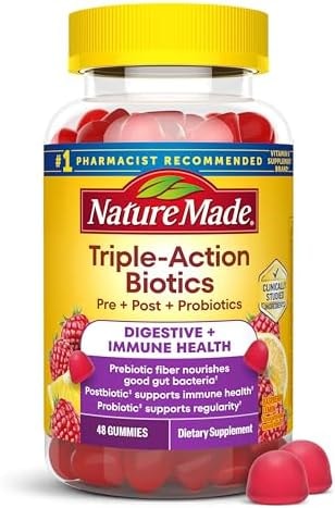 Nature Made Triple-Action Biotics, Gut and Immune Health Support, Digestive Probiotics for Women and Men, Prebiotic Fiber Gummies, 48 Gummies, 24 Day Supply