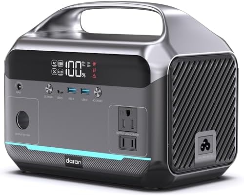 DARAN Portable Power Station 600W (1200W Peak), 288Wh Solar Generator LiFePO4 Battery with AC DC Outlets, 2hrs Fast Charging, 7-Port Design for Emergency, Hurricane (Solar Optional)