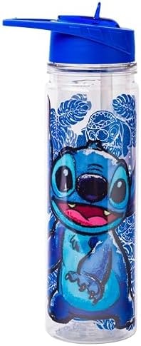 Silver Buffalo Lilo and Stitch Floral Sketch Glitter Double Walled Tritan Water Bottle, 18-Ounce