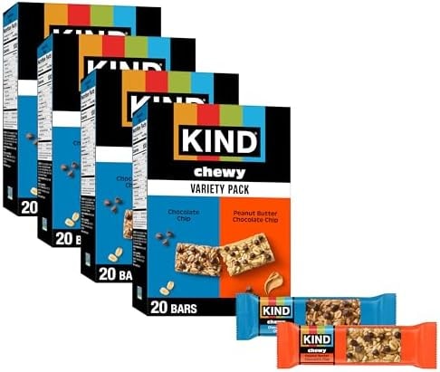 KIND Chewy Granola Bars Variety Pack, Gluten Free, Low Calorie, Healthy Snacks, Chocolate Chip, Peanut Butter Chocolate Chip, 4 Boxes of 20 (80 Bars Total)