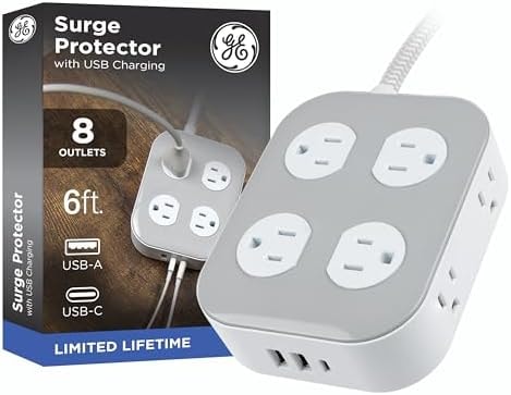 GE Surge Protector Power Strip with USB Ports, 6 Ft Braided Extension Cord