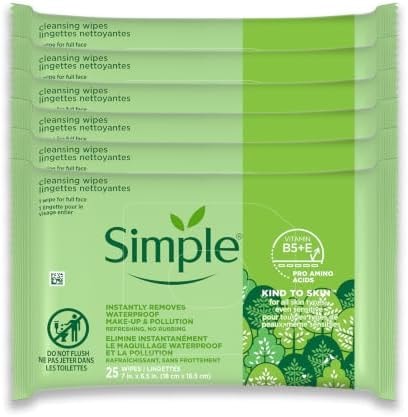 Simple Kind to Skin Facial Wipes for Women, Gentle Cleansing, 6 Pack Set