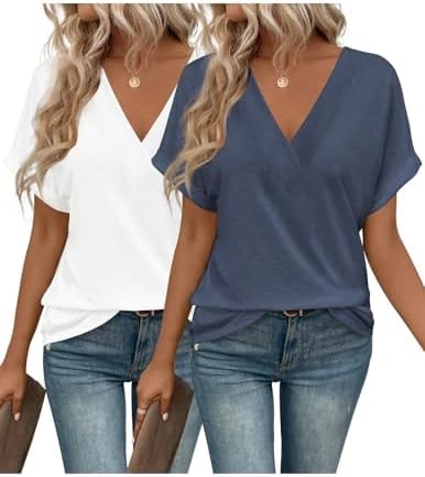EyMuse 2 PCS Short Sleeve V Neck Womens Basic Tops Casual Loose Fit T Shirts Soft True Classic Tees Cute Fashion Blouses,White+Navy,M