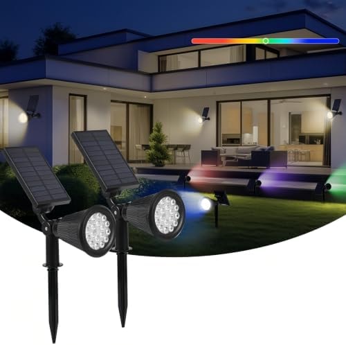 DEXULESA Solar Spot Lights Outdoor, 2-in-1 Wall Mount & Ground Stake 18 LEDs with 2 Lighting Modes, 7 Colors Changing, IP65 Waterproof Solar Landscape Lights