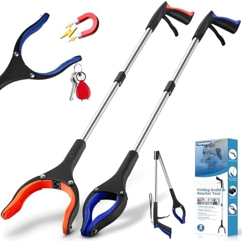 TOPGROT 32” Grabber Reacher Tool, 2-Pack Foldable Reacher Grabber Pickup Tool with 90° Rotating Jaw & Magnets, Trash Picker Upper Grabber, Lightweight Grabbers for Seniors Heavy Duty
