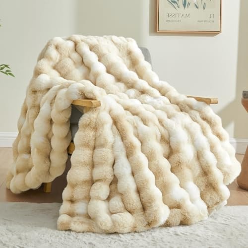 BEDELITE Faux Fur Throw Bubble Blanket for Couch, 50" x 60", Tie-Dye Khaki