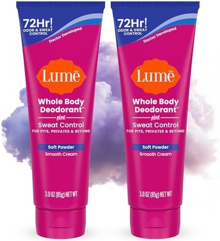 Lume Whole Body Deodorant Plus Sweat Control - Smooth Cream Tube - 72 Hour Odor And Sweat Control - Baking Soda Free, Skin Loving - 3.0 ounce (Pack of 2) (Soft Powder)