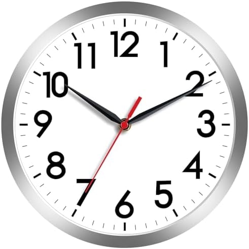 AKCISOT 8 Inch Wall Clock, Silent Battery Operated Analog Clock, Silver