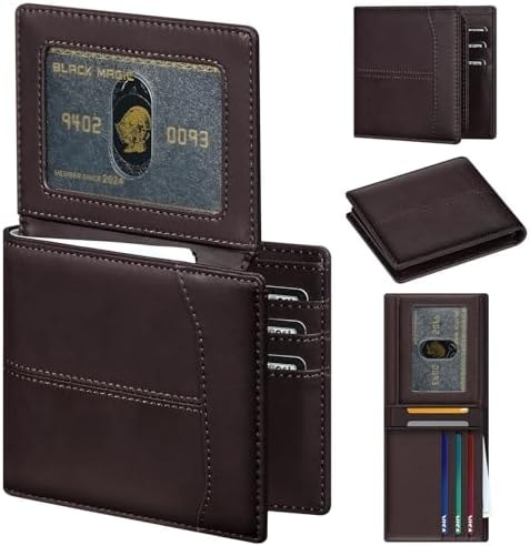 furid Top Grain Leather Wallet Men: RFID Minimalist Bifold Credit Card Holder with 2 ID Windows - Slim Front Pocket Wallets for Men - Gifts for Husband Father on Anniversary Birthday