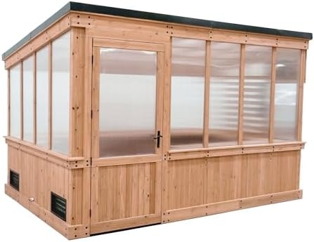Backyard Discovery Zalie 11' x 7' Cedar Wood and Polycarbonate Walk-in Greenhouse Kit with Exhaust Fan, Windows, Hose Hook-Ups, PowerPort, Staging Shelves for Year-Round Outdoor Gardening