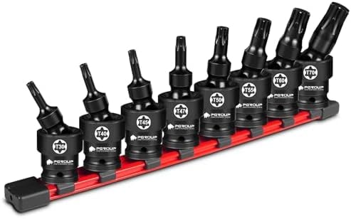 Pgroup 8PCS 1/2" Drive Universal Swivel Impact Torx Socket Set, T30-T70, CR-MO Wobble Star Sockets With Hanging Bracket for Dead Angles, Auto Repair, Mechanical Maintenance
