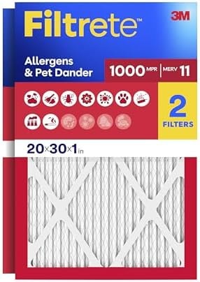 Filtrete 20x30x1 Air Filter, MERV 11, MPR 1000, Allergens & Pet Dander, 3-Month AC and Furnace Filters, Cleaner Air, Reliable Airflow, 2 HVAC Filters (Actual Size 19.68 x 29.68 x 0.81 in)