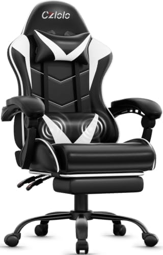 Czlolo Gaming Chair with Footrest Racing Style Lumbar Support Massager Video Game Chair with Metal Legs, High Back Reclining Gamer Chair with Headrest, 360° Swivel Office Computer Desk Chair (White)