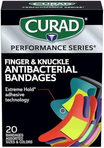 Curad Performance Series Fingertip and Knuckle Antibacterial Bandages, Extreme Hold Adhesive Technology, Fabric Bandages, 20 Count