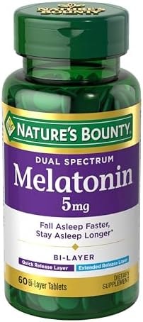 Nature’s Bounty Melatonin 5mg Dual Spectrum, 100% Drug Free Sleep Supplement, Quick Release and Extended Release, Promotes Relaxation and Sleep Health, 60 Bi-Layer Tablets