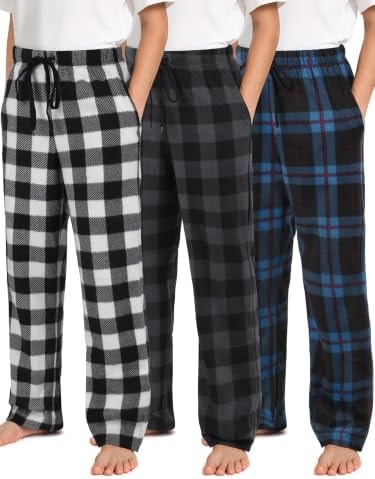 IHU 3 Pack Boys Pajama Pants Kids Micro Fleece Pj Bottoms Sleepwear Plaid Lounge Pant with Drawstring Pockets Boy Clothes Pockets Gray, Indigo, White Buffalo Plaid Set,12-14 Years