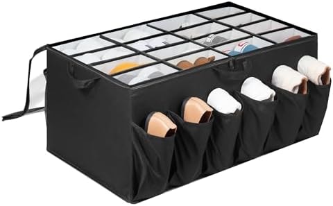 STORAGEIDEAS Extra Large Fabric Shoe Organizer for Closet, Fits up to 28 Pairs, Foldable Shoe Storage Bin Containers with Adjustable Dividers and Clear Cover, Black, 1 Pack