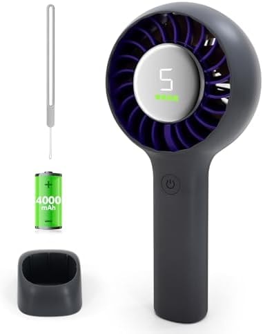 Portable Handheld Fan Rechargeable Personal Fan and Desktop with Base,5 Gear Wind, 4000mAh Battery, LED Display, Small Handheld Fans for Travel, Office, Concerts, Makeup, Eyelash, Beach, Summer Gift
