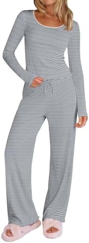 Ekouaer Womens Pajama Sets Ribbed Knit Long Sleeve Pjs Comfy Lounge Sets