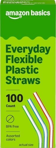 Amazon Basics Disposable Striped Plastic Flex Straws, Assorted Colors, 100 Count, Large Pack, Packaging May Vary