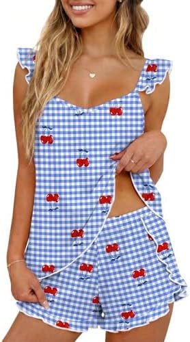 Ekouaer Pajamas for Women set 2 Piece Ruffle Tank Top Split Leg Cami Shorts