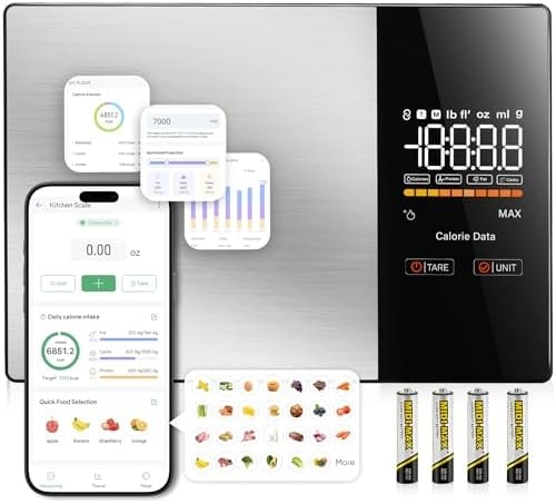 KUAIVO Smart Nutrition Food Scale with LED Display, Tracks Calories, Fat, Carbs & Protein via App, 1g Precision Digital Kitchen Scale for Healthy Eating & Meal Prep