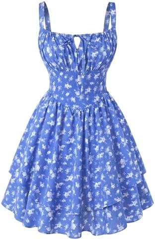 Scarlet Darkness Floral Mini Corset Dress for Women Teen 2026 Summer Spring Flowy A-Line Sundress with Pockets Royal Blue White Floral XL