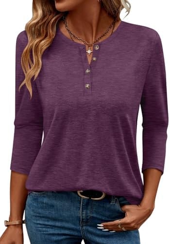 TICTICMIMI Women's 3/4 Sleeve Henley Tops Casual Button Down Loose T Shirts