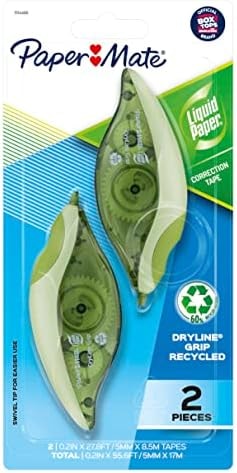 Paper Mate Liquid Paper DryLine Grip Correction Tape, Mess-Free, Recycled, 2 Count - Home, Office, Teacher Supplies, College Essentials