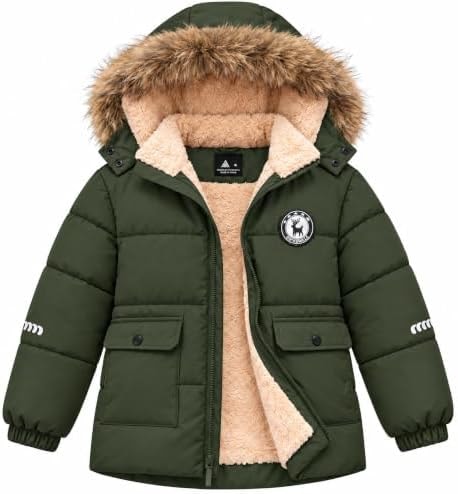 SWISSWELL Boys Winter Coat Kids Fleece Puffer Jacket Army Green 6-7 Years