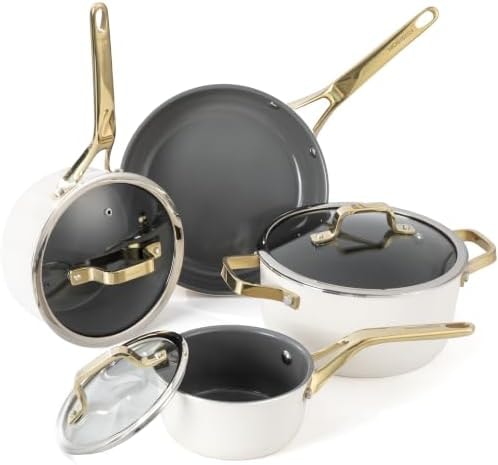 Mosiech 7pc Cream White Ceramic Cookware Set, Space Saving RV Pots and Pans