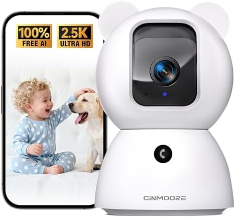 CINMOORE 2.5K Pet/Dog Camera with Speaker/Phone App, No-Monthly-Fee AI Person/Pet/Cry Detection Security Camera Indoor, PTZ 2.4GHz WiFi Baby Monitor Cameras for Home Security, Night Vision, 2-Way Talk