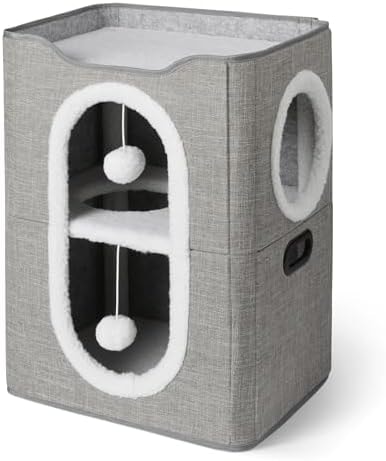 Amazon Basics 2-Cube Cat House with Sisal Scratch Pad and Dangle Toy, Grey