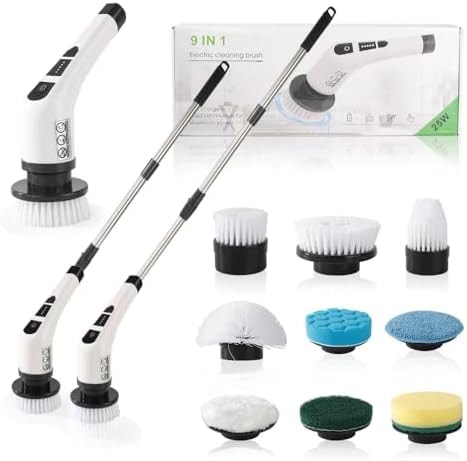 XBllcyiv Electric Spin Scrubber, Cordless Cleaning Brush with 9 Replaceable Brush Heads, Tub and Floor Tile 360 Power Scrubber Dual Speed with Adjustable Detachable Handle for Bathroom Kitchen Car (9)