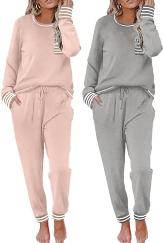 Ekouaer 2 Pack Womens Pajama Sets Long Sleeve Lounge Sets Soft Pj Loungewear Sleepwear Pink & Grey Medium