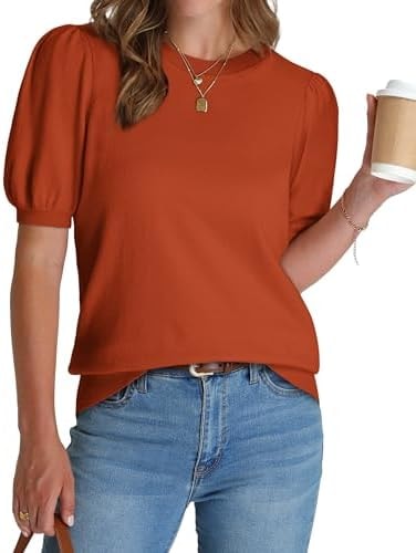 WIHOLL Summer Tops for Women Trendy Short Sleeve Shirts for Women Fall Fashion 2025 2026 Lightweight Sweater Blouses Puff Sleeve Womens Tops Dressy Casual Orange L